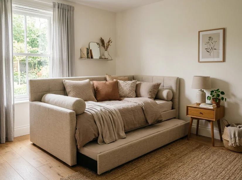 Daybed with pull-out trundle saving space in a small bedroom