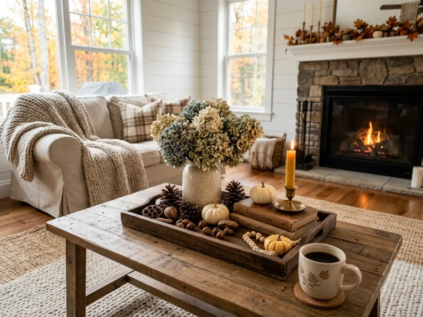 Pinecones and dried hydrangeas used as budget-friendly fall living room decor.