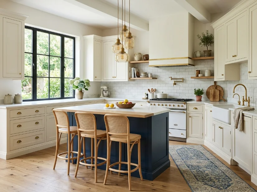 Deep navy kitchen island contrasting with light cabinets and brass hardware.