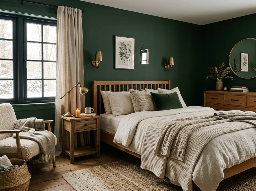 Deep forest green bedroom with warm wood furniture and brass accents.