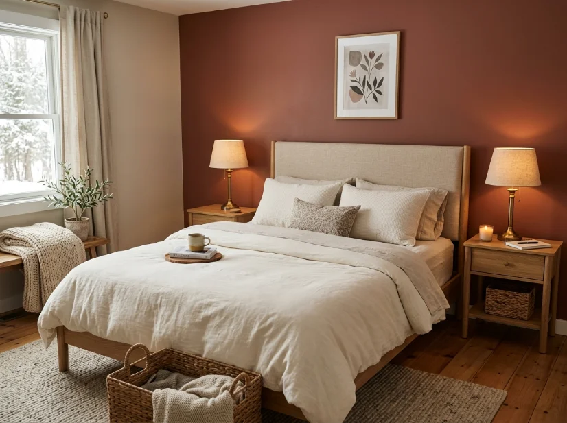 Bedroom with a deep terracotta accent wall behind the bed and warm neutral decor.