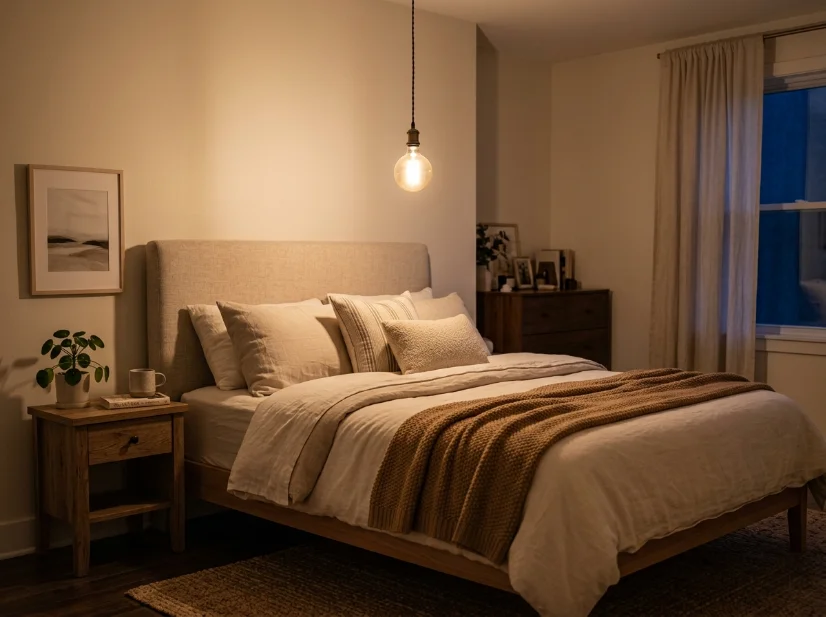 Warm 2700K pendant bulb creating cozy bedroom lighting