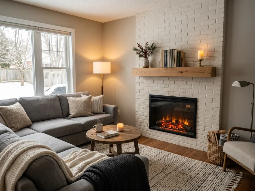 Cozy winter living room with an updated electric fireplace and wood mantel.
