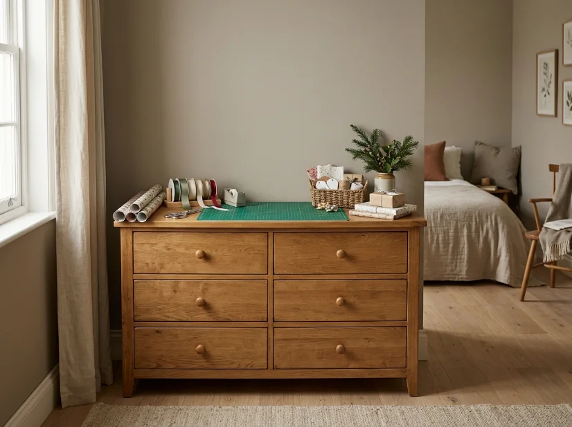 Wooden dresser converted into a gift-wrapping station