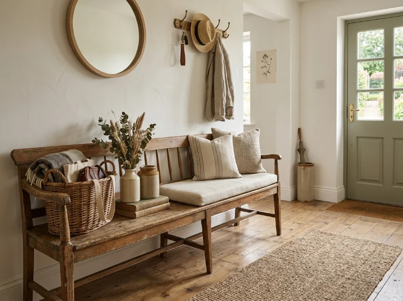 Weathered wooden bench styled in a modern cottage entryway