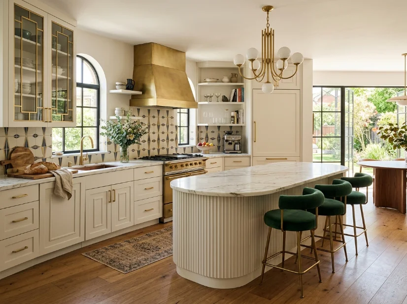 Family-friendly modern Art Deco kitchen with warm metallic accents