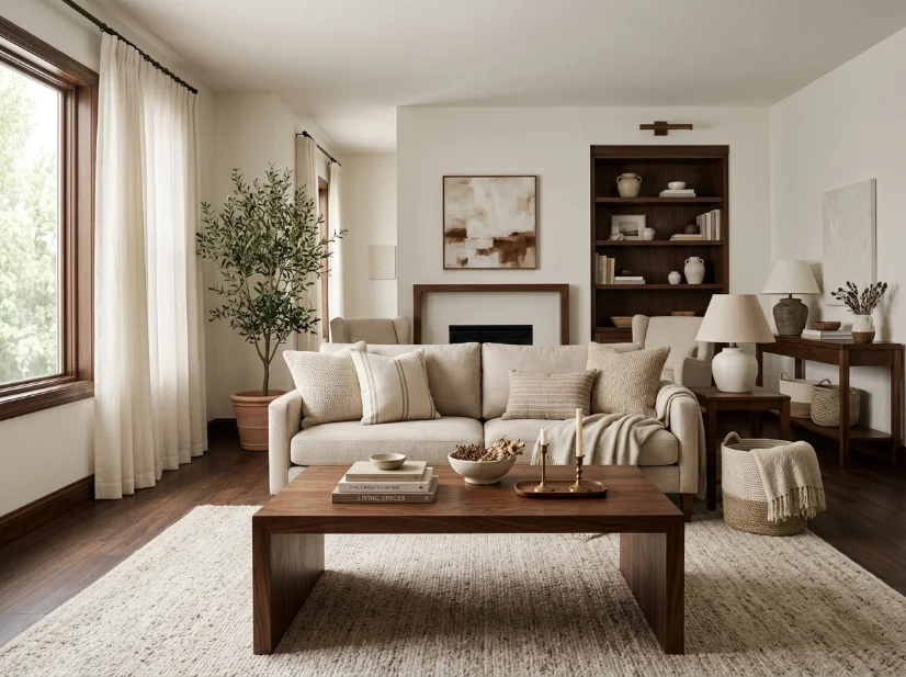 Living room decorated with warm white oatmeal and walnut tones