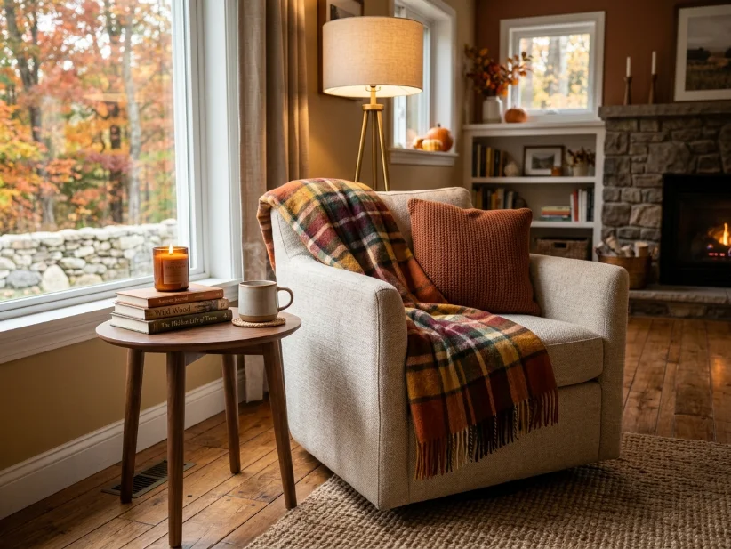 Plaid throw blanket adding warmth to a cozy fall living room.