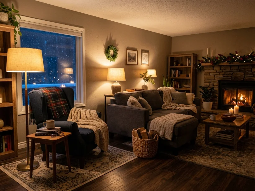 Winter living room illuminated by warm floor and table lamps.