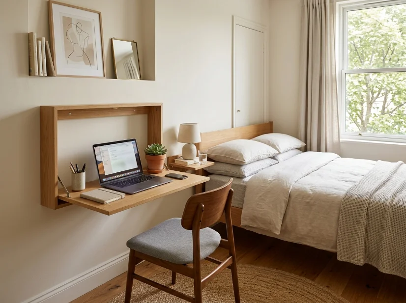 Fold-down wall desk creating workspace in a small bedroom