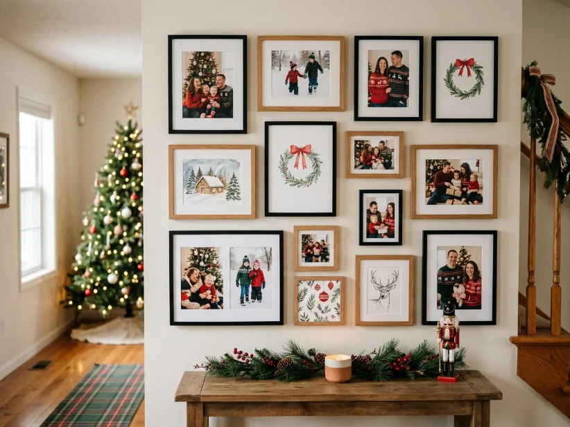 Christmas gallery wall using existing picture frames and holiday artwork