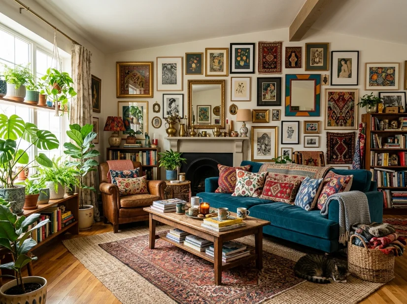 Eclectic maximalist gallery wall with art and vintage pieces