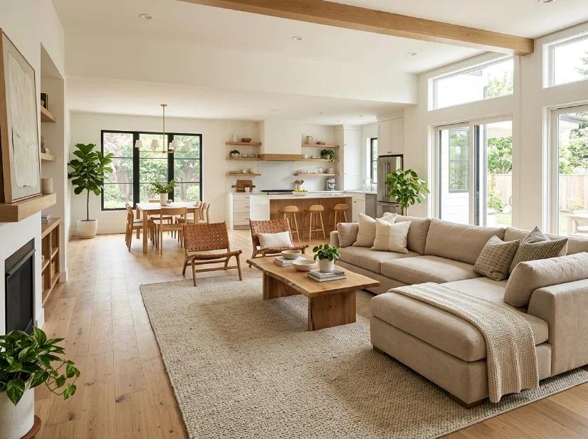 Neutral oversized rug defining an open-concept living room