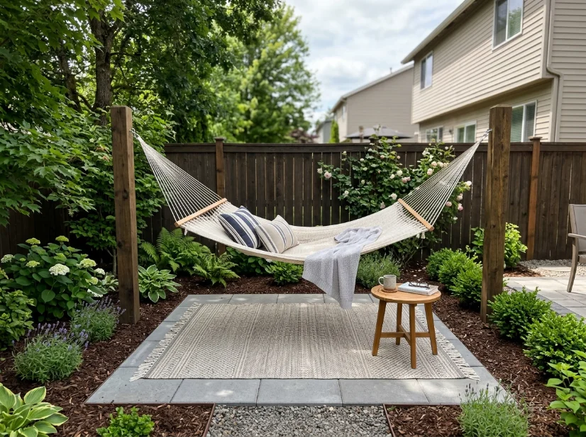 Outdoor rug and paver base beneath a backyard hammock
