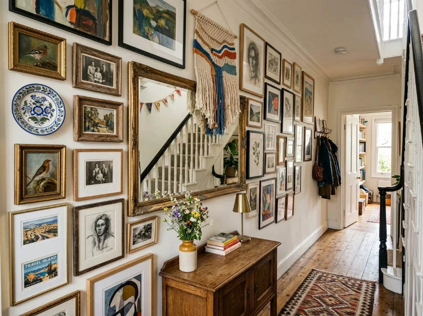 Odd-number decor grouping on a maximalist console table