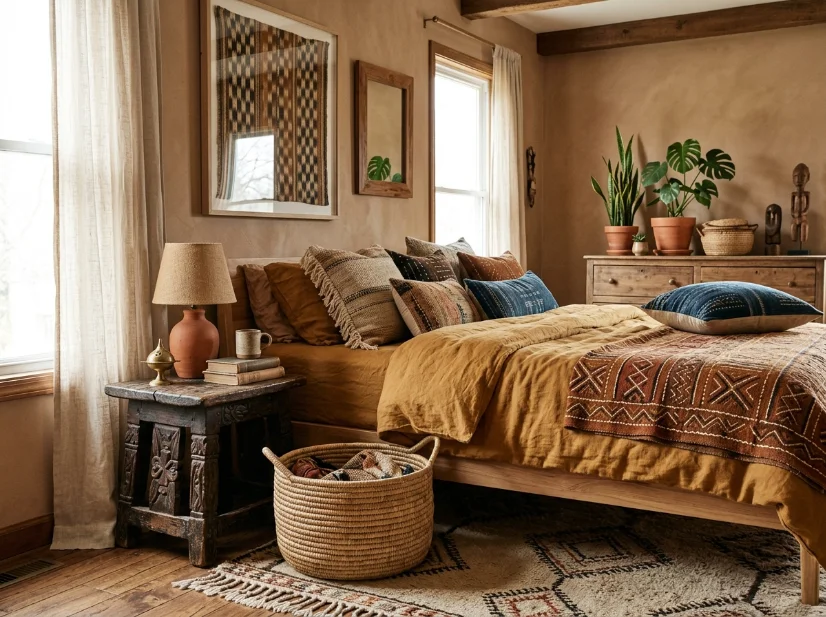 Vintage carved wooden stool and handmade decor in an afrobohemian bedroom
