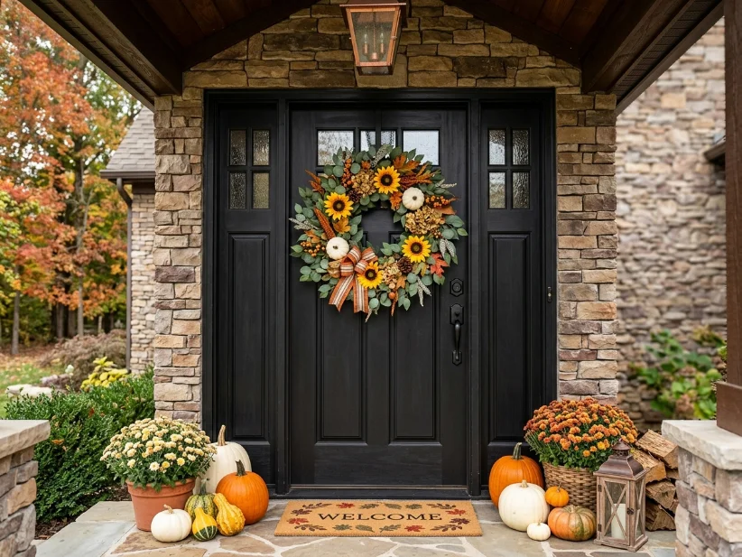 Fall wreath with eucalyptus and sunflowers hanging on a front door.