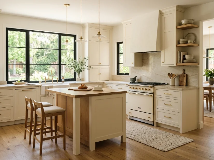 Kitchen with simple aged brass cabinet hardware and neutral cabinets