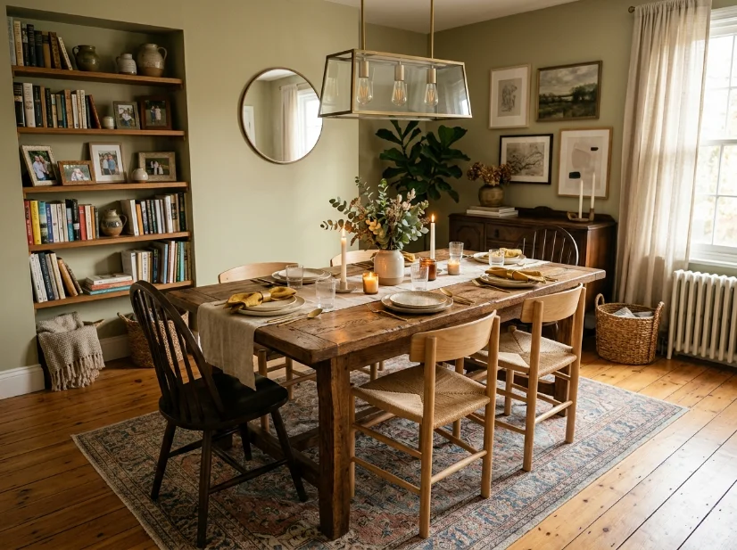 Solid wood dining table used as a luxury focal point in an affordable room