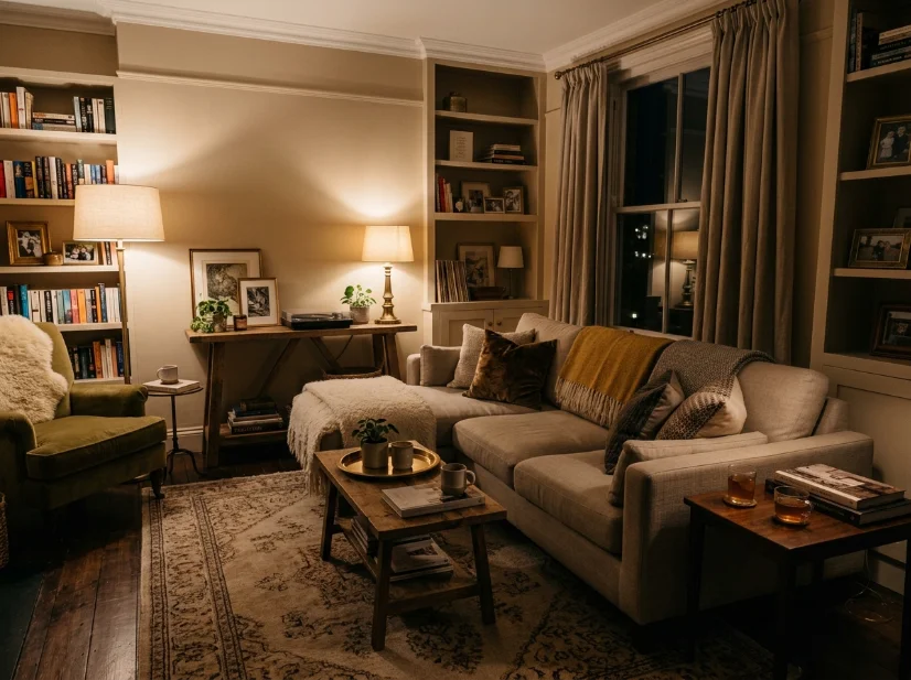 Warm lamp lighting creating a cozy lived-in luxury living room
