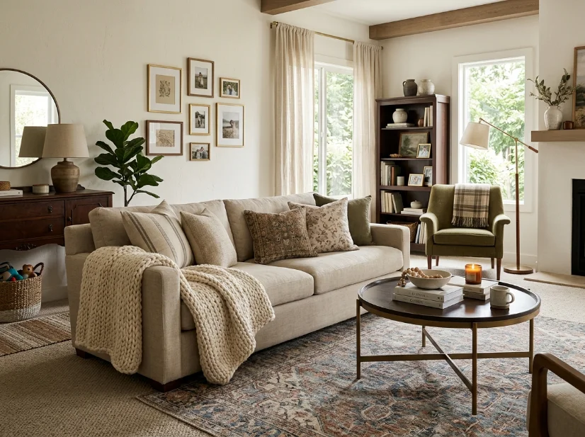 Layered throws pillows and rug creating affordable luxury in a family room