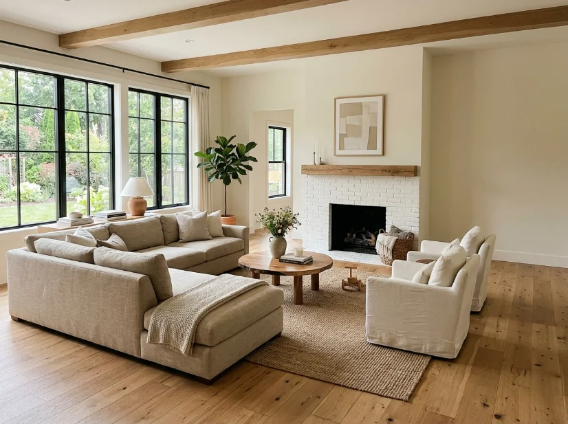 Living room with breathing space around furniture for a calmer luxury look