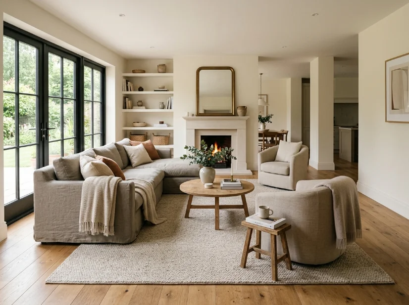 Brass accents repeated throughout a cohesive lived-in luxury room