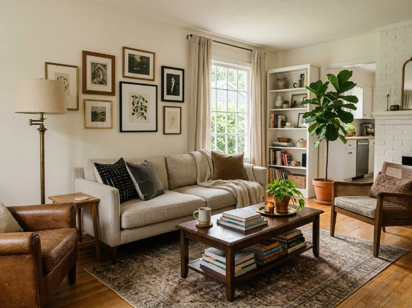 Mixed furniture pieces creating an affordable lived-in luxury living room
