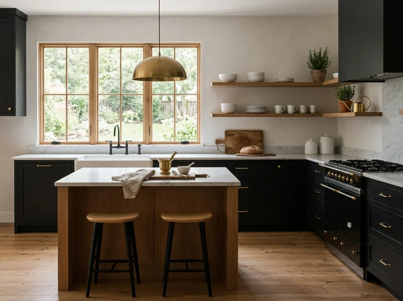 Balanced kitchen design with subtle brass accents