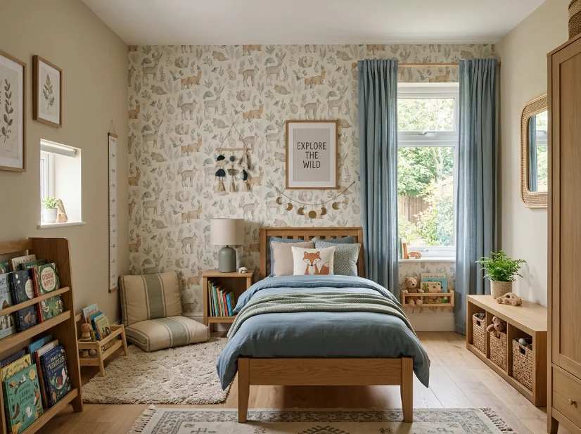 Muted animal wallpaper in a stylish child’s bedroom