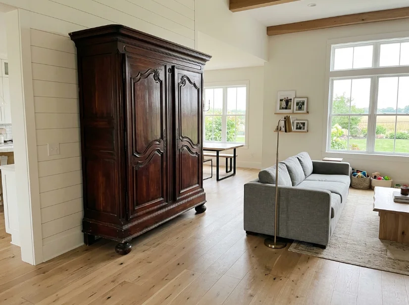 Oversized antique armoire that does not fit a modern farmhouse room