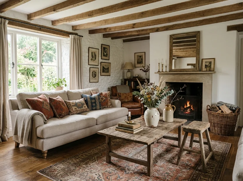Modern cottage living room decorated with vintage and thrifted pieces
