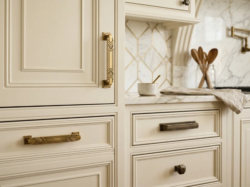 Brass and aged bronze cabinet hardware in an Art Deco kitchen