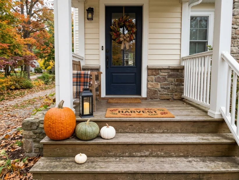Layered pumpkins in different sizes creating a balanced fall porch display.