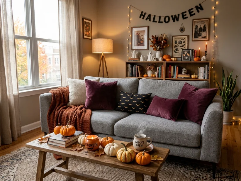 Cozy fall textiles making an apartment feel ready for Halloween.