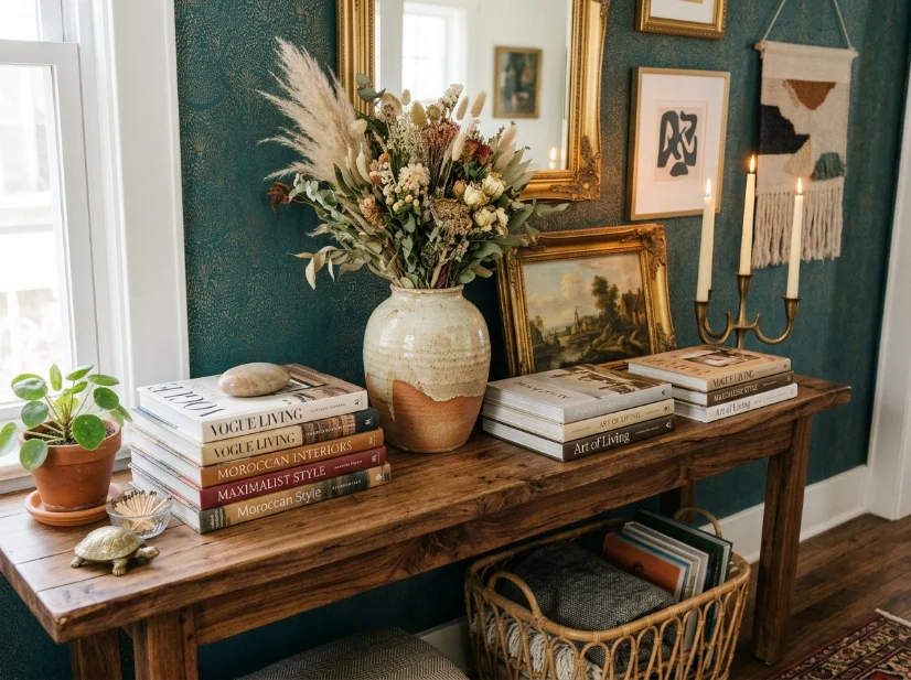Layered textures add depth to a maximalist living room