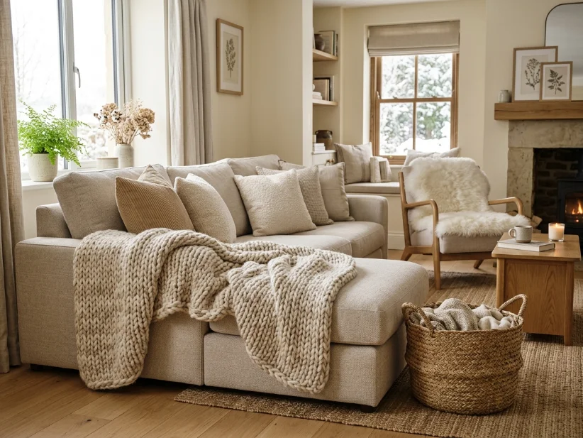 Living room with layered knit, sheepskin, corduroy, and boucle textures.