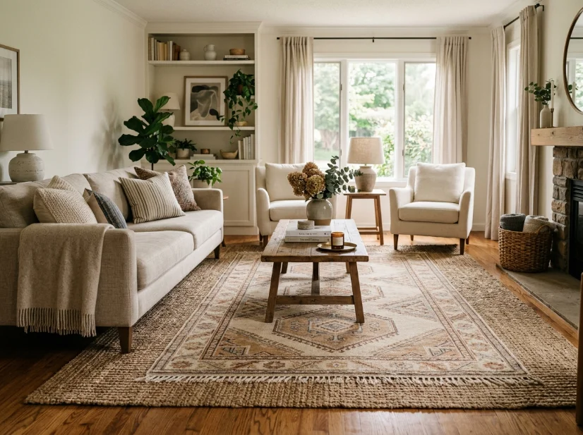 Jute rug layered beneath a patterned area rug in a living room