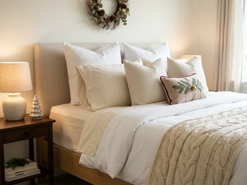Layered white bedding and cozy throw for a holiday guest room