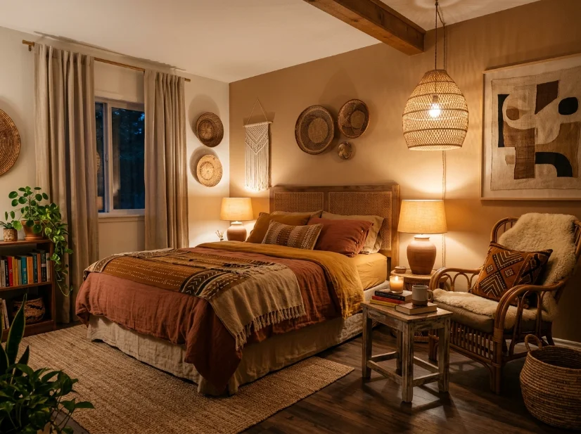 Afrobohemian bedroom with layered warm lighting and a rattan pendant