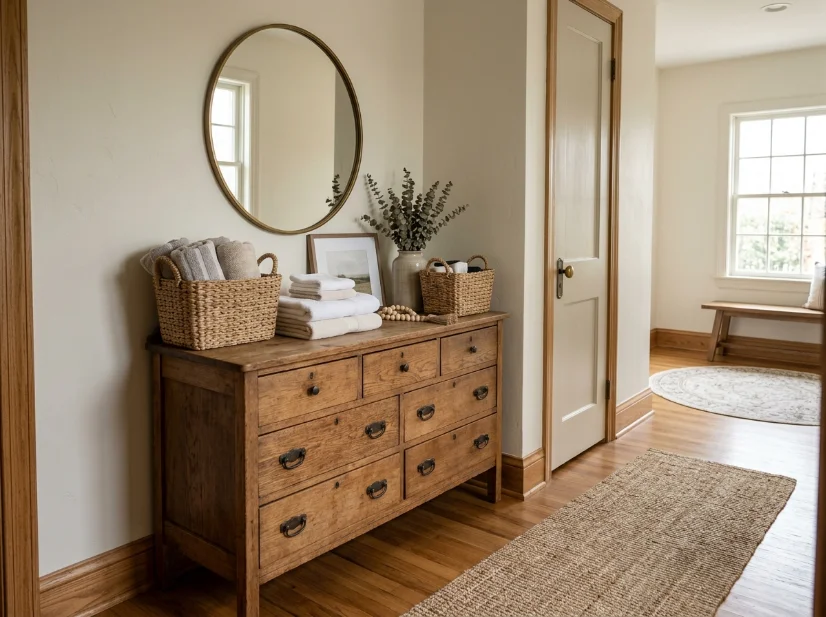 Antique dresser used for towel storage in a hallway