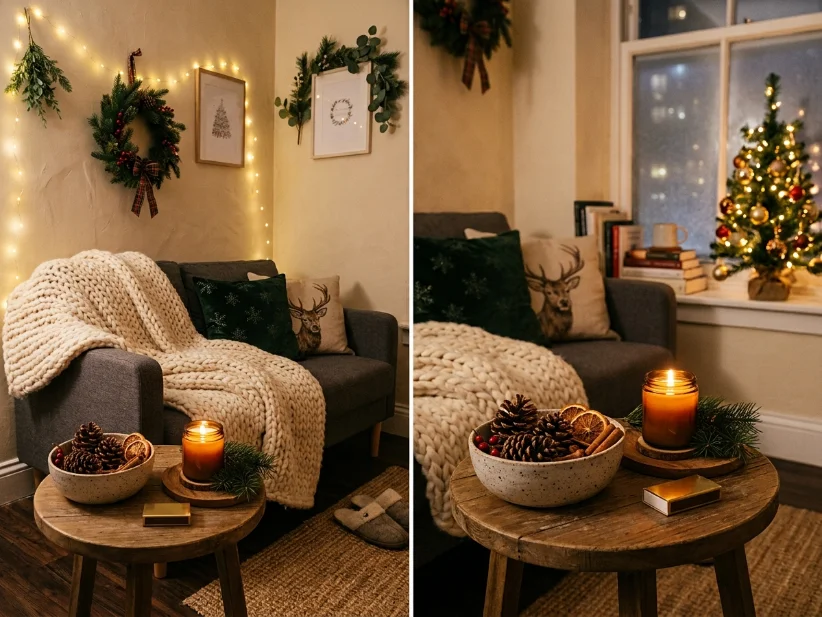Cozy Christmas textures and seasonal decor in an apartment