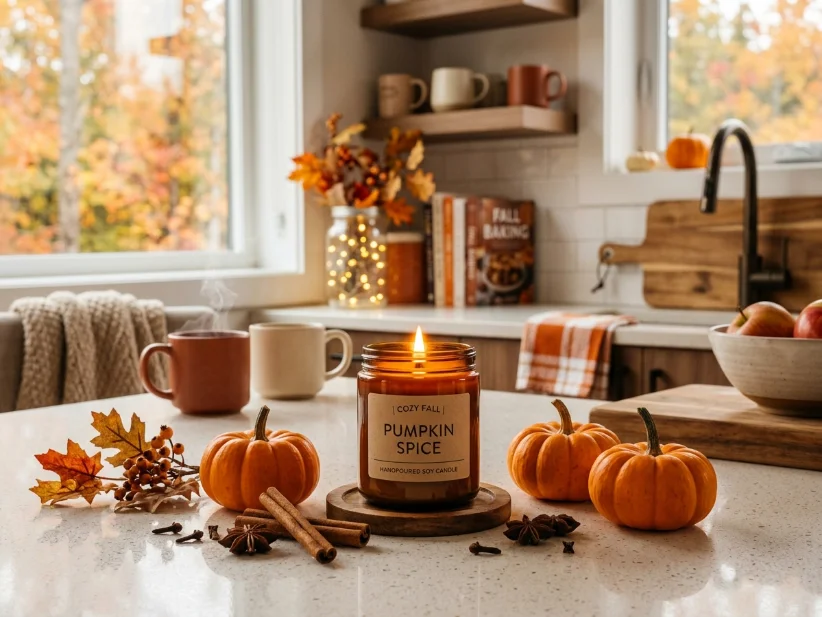 Autumn scented candle creating a cozy Halloween feeling in a small apartment.