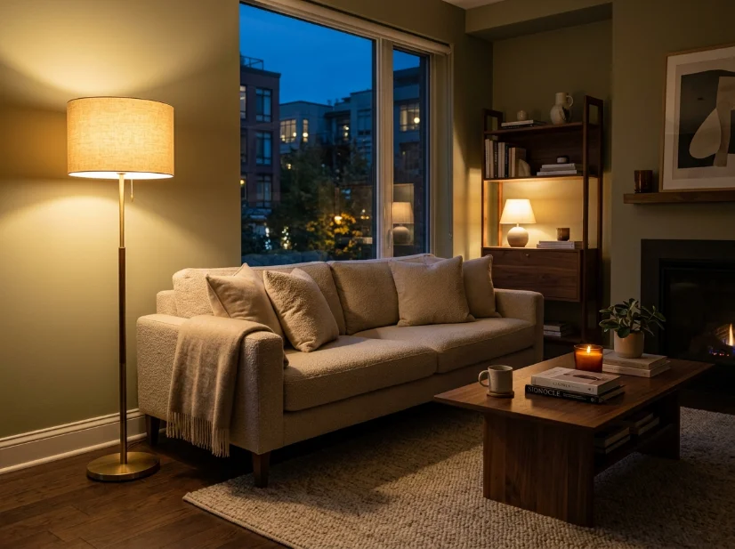 Warm evening lighting in a quiet luxury living room