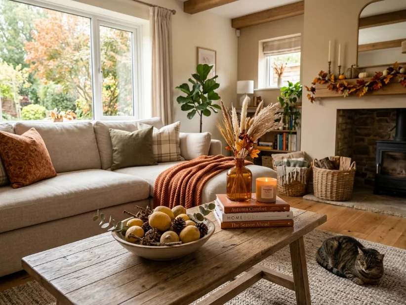 Living room transitioning from summer decor to cozy fall decorations on a budget.