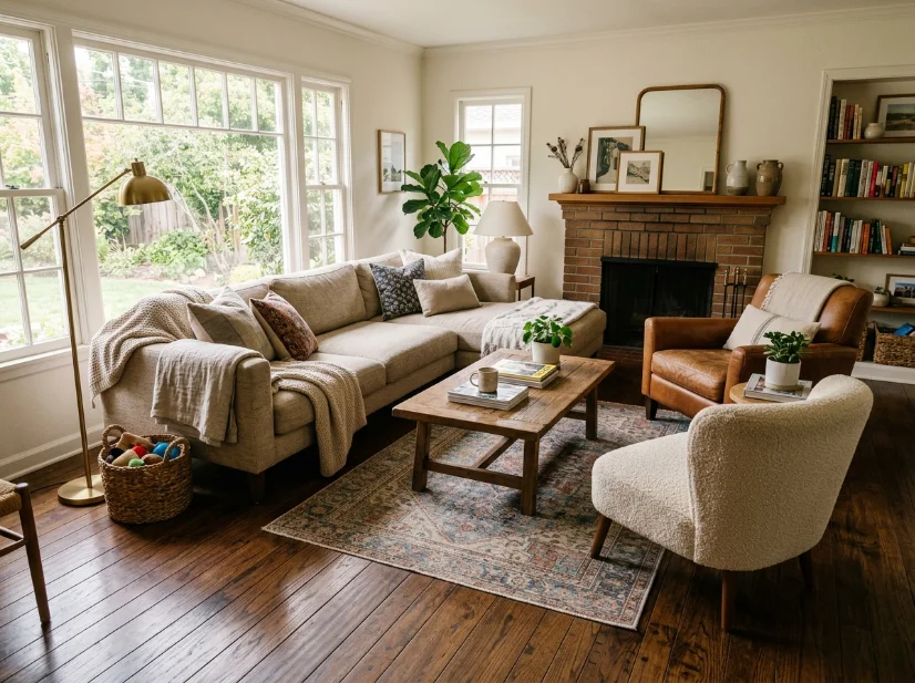 Living room with an undersized rug that leaves furniture partly off the rug