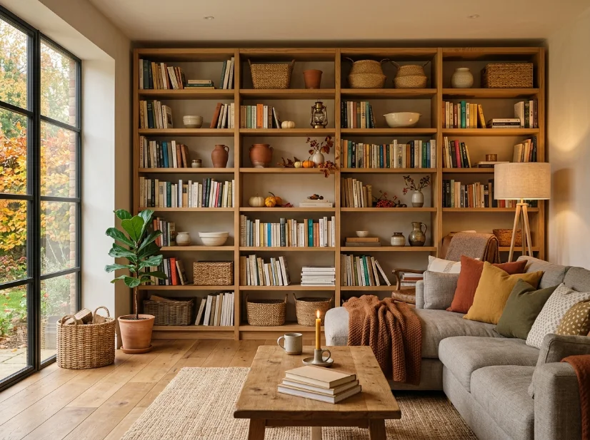 Solid oak bookshelf styled with books and natural fall decor