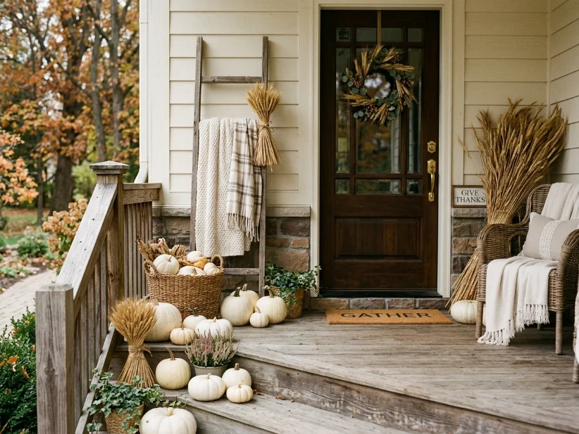Thanksgiving-ready fall porch with white pumpkins and wheat bundles.