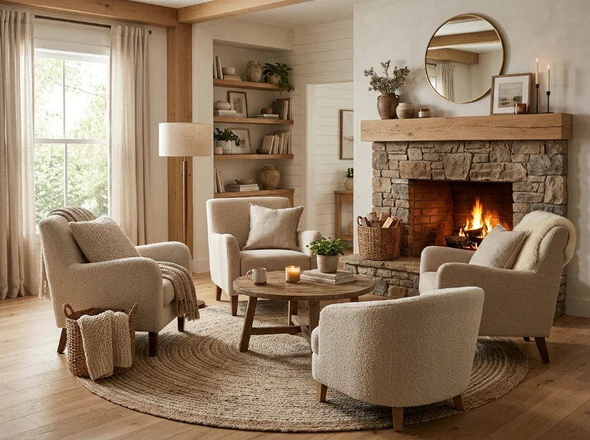 Round rug defining a circular conversation area near a fireplace