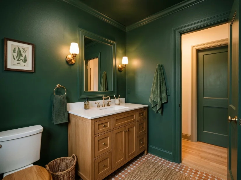 Deep green bathroom with matching painted trim for a fully drenched monochromatic look.